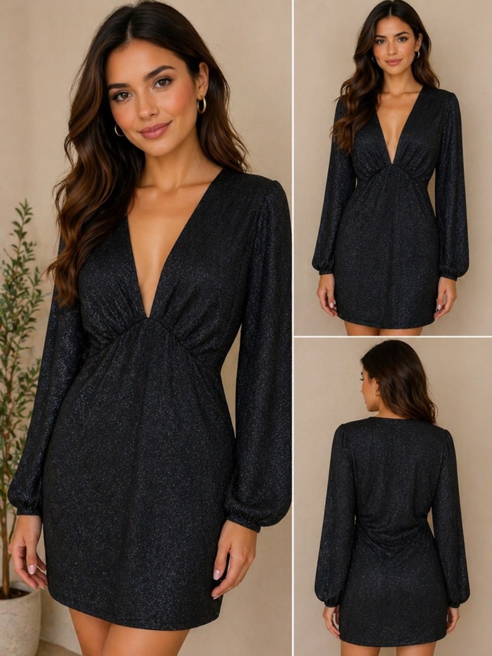 519. Black Sparkle Deep V Long-Sleeve Mini Dress
